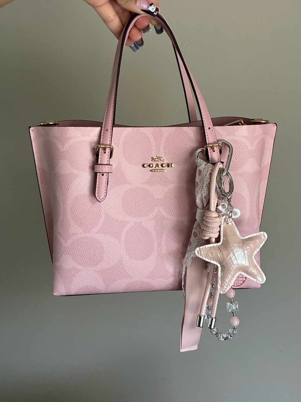 Pink Star Charm Keychain with Ribbon and Beads Bag Charm